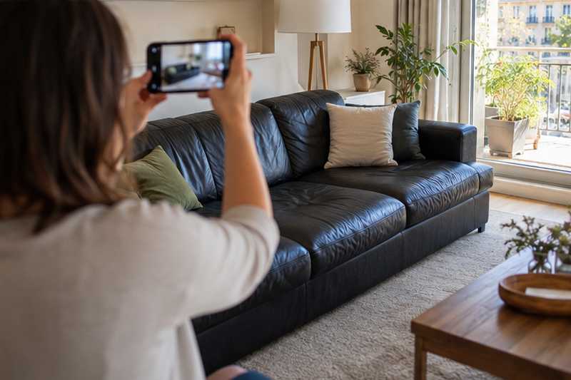 Canapé en cuir filmé au téléphone pendant l'estimation en appel vidéo