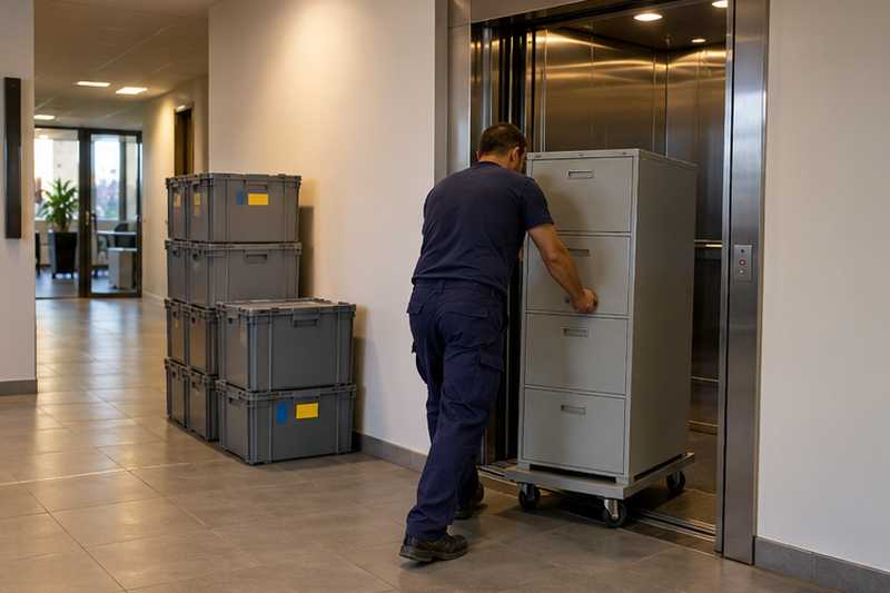 Armoire métallique d'archives vide entrant dans l'ascenseur de service le soir