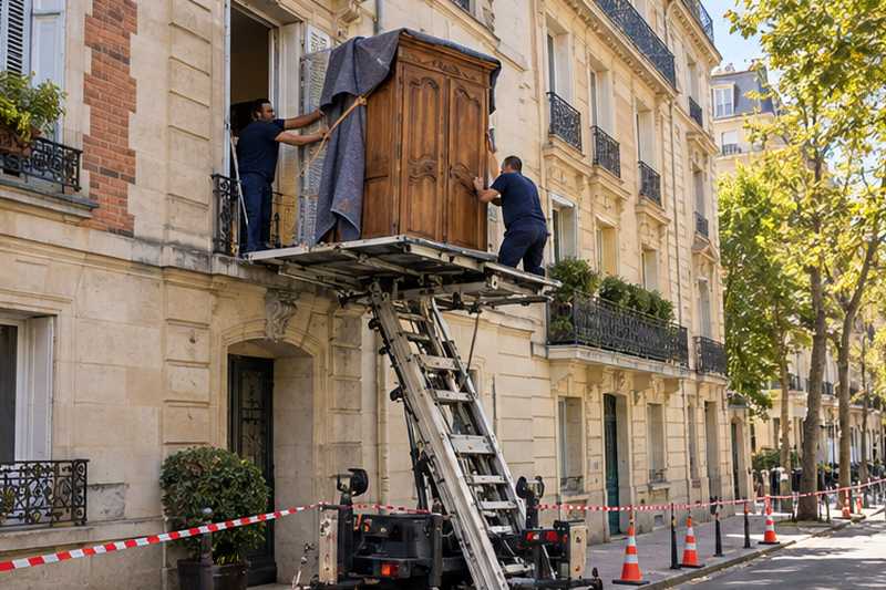Armoire normande sur le plateau du monte-meuble, à hauteur de fenêtre