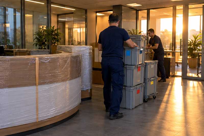 Éléments de la banque d'accueil emballés, caisses repérées par couleur