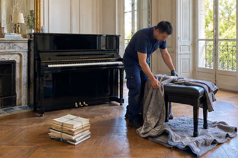 Équipier emballant le banc du piano près des partitions ficelées