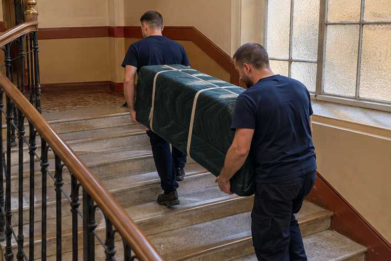 Banquette en velours emmaillotée dans sa housse, tenue par deux sangles