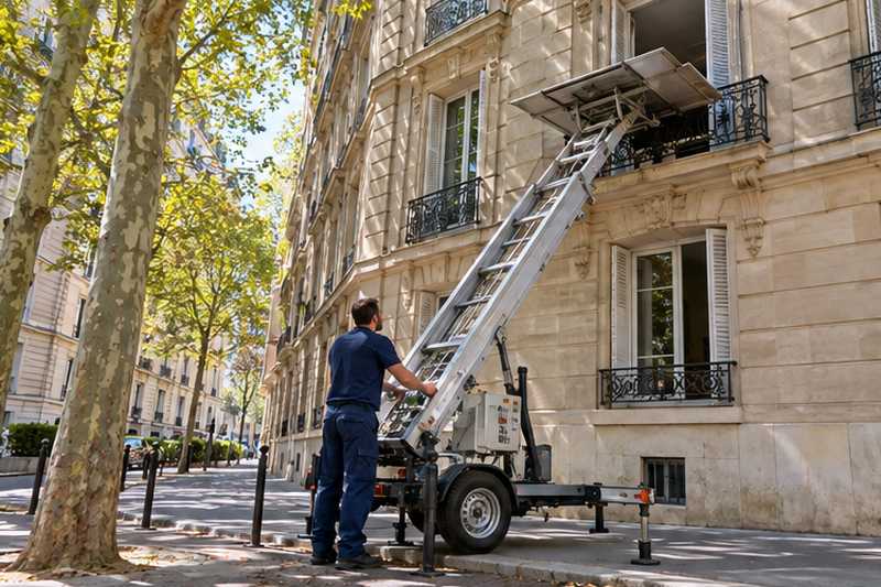 Équipier calant le pied du monte-meuble sous une fenêtre ouverte