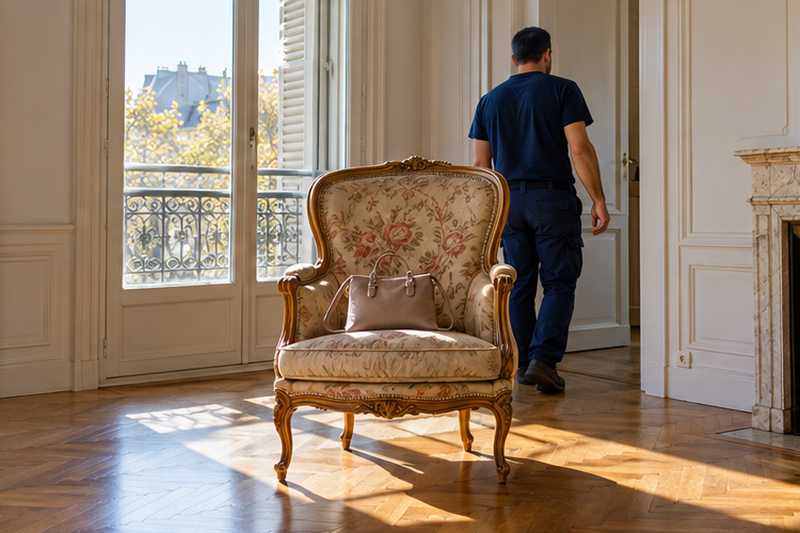 Bergère ancienne installée avant les autres meubles, sac posé dessus