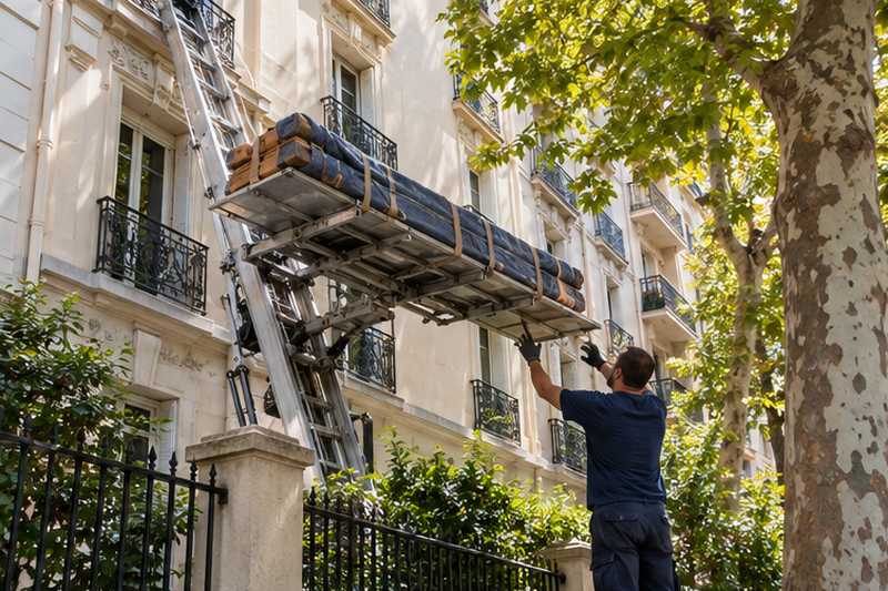 Longs montants de bibliothèque descendus à plat par le monte-meuble
