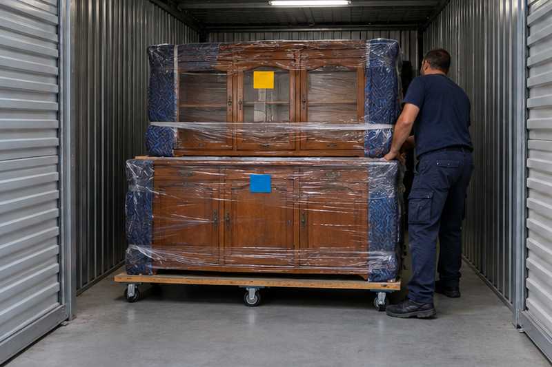 Buffet deux-corps étiqueté sur une palette roulante à l'avant du box