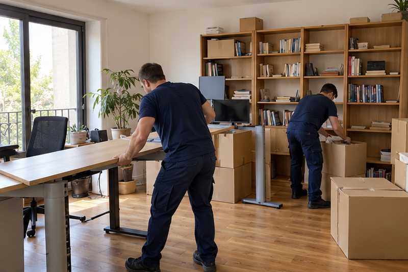 Bureau d'angle démonté pendant que les étagères se vident en cartons