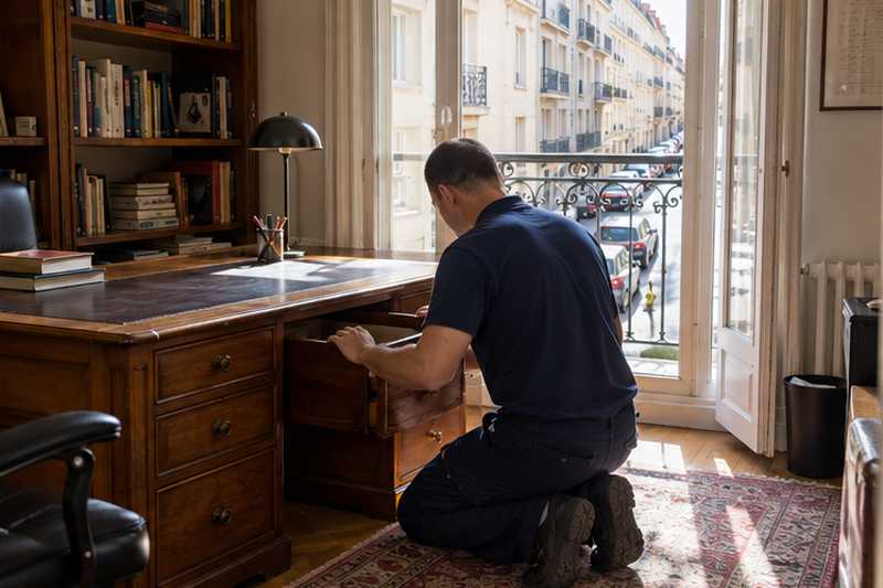 Bureau à caissons examiné lors de la visite, rue visible par la fenêtre