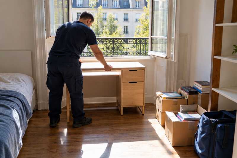 Bureau étudiant compact posé sous la fenêtre du studio, livres à côté