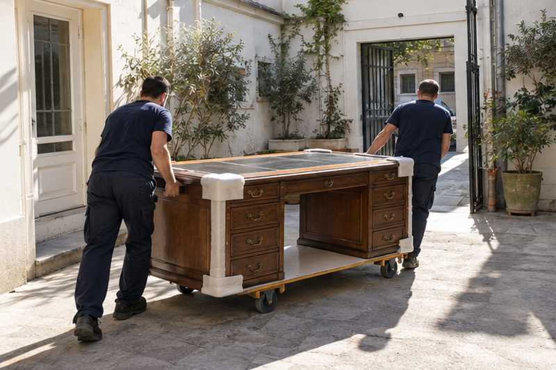 Bureau ministre au plateau de cuir quittant la cour sur un chariot