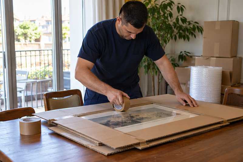 Cadre glissé entre deux plaques de carton par un équipier