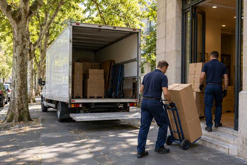Camion garé dans une contre-allée bordée d'arbres près d'une entrée de service