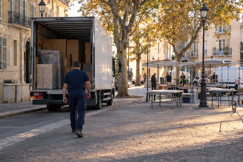 Camion garé sur un emplacement réservé, étals de marché au loin