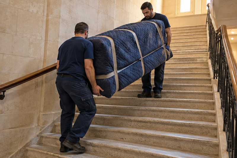 Canapé en cuir sous housse matelassée descendu par l'escalier, sangles serrées