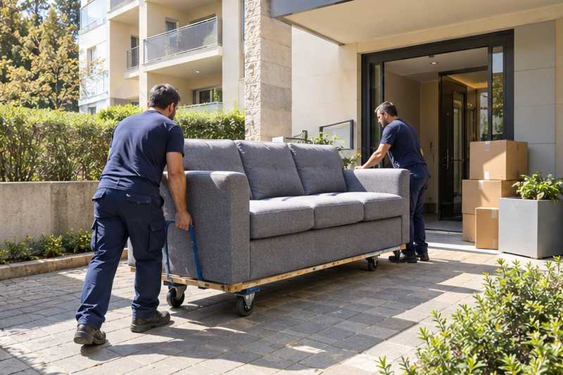 Canapé trois places sur chariot à plateau le long d'une coursive de résidence