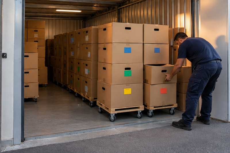 Cartons d'archives familiales rangés par zone sur palettes roulantes