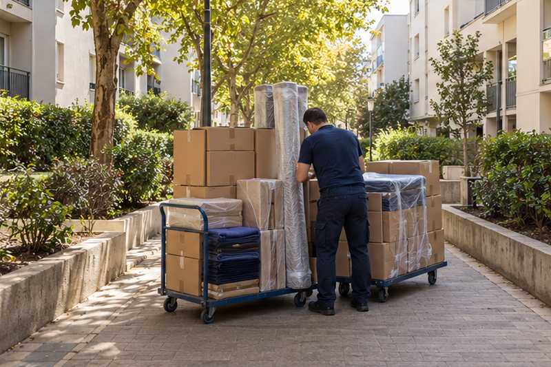 Cartons de linge regroupés sur chariots à plateau, à mi-chemin
