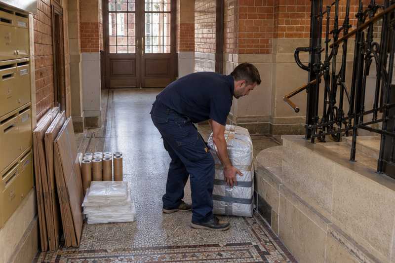 Équipier déposant des cartons pliés et du papier de soie dans l'entrée
