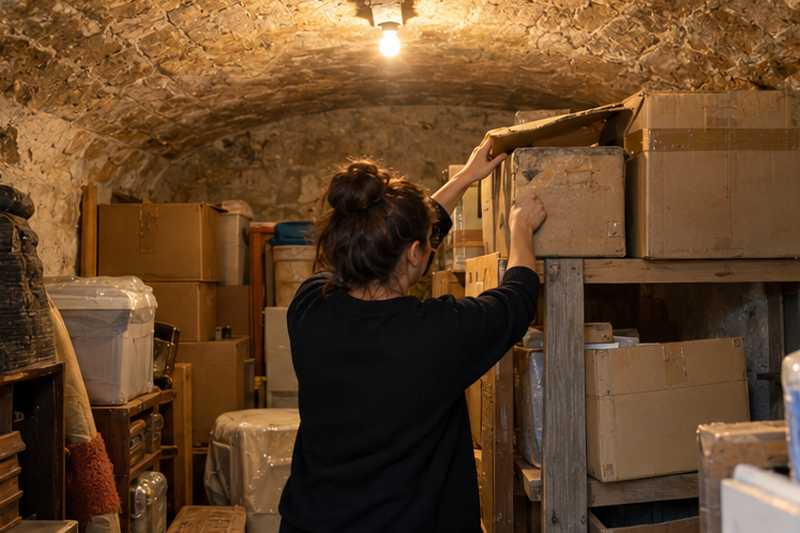 Cliente découvrant des cartons oubliés dans une cave voûtée