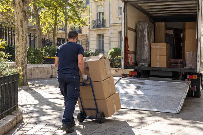Cartons de vaisselle empilés sur un chariot entre la cour et le camion