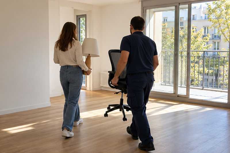 Jeune femme et équipier entrant une chaise de bureau dans un appartement vide