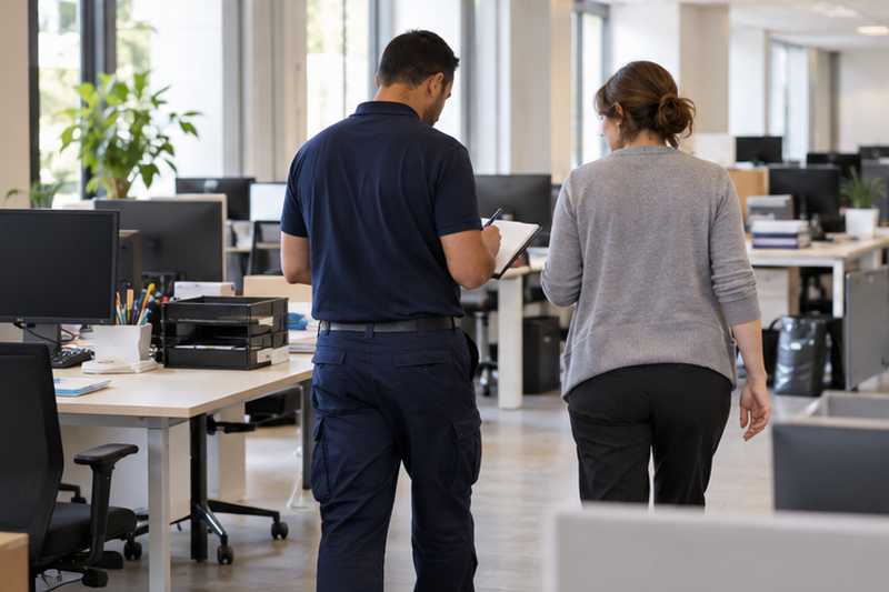 Chef d'équipe et référent parcourant ensemble un plateau de bureaux