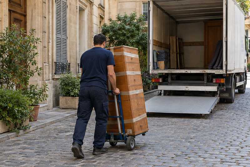 Chiffonnier aux tiroirs bloqués par un ruban, roulé vers la chaussée