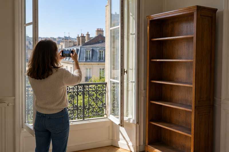 Cliente photographiant la fenêtre de son séjour avec son téléphone