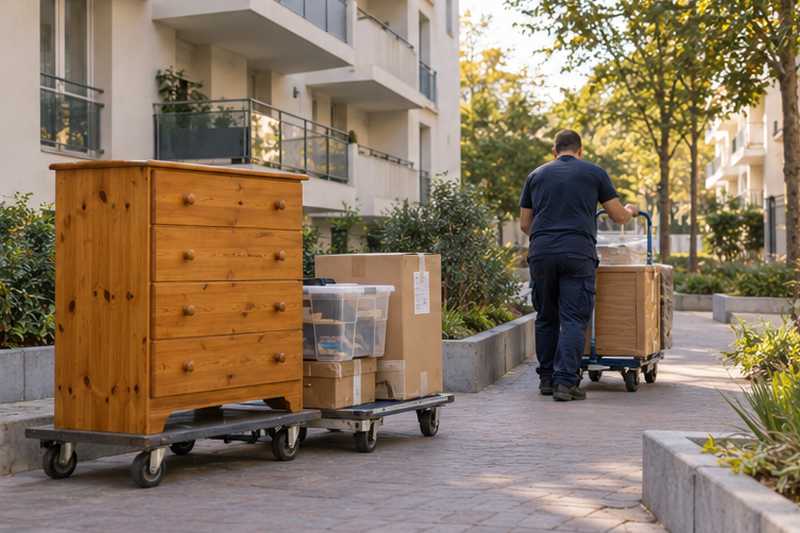 Commode en pin et cartons sur plateaux roulants au pied du bâtiment