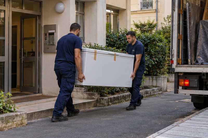 Congélateur coffre vidé, porté sur quelques mètres depuis l'entrée