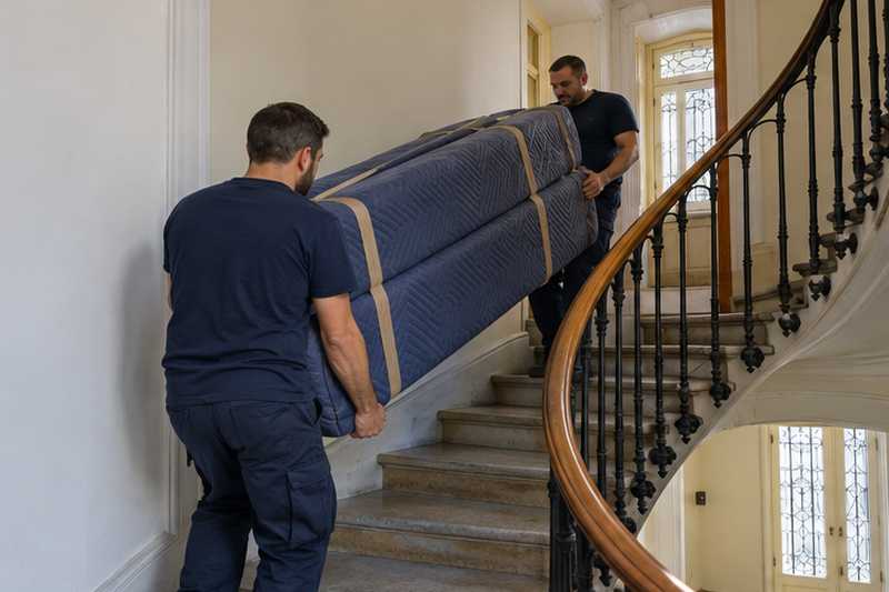 Canapé convertible sous housse, armature sanglée, dans un virage de l'escalier
