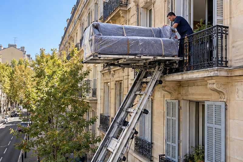 Canapé convertible posé sur la plateforme du monte-meuble, au balcon