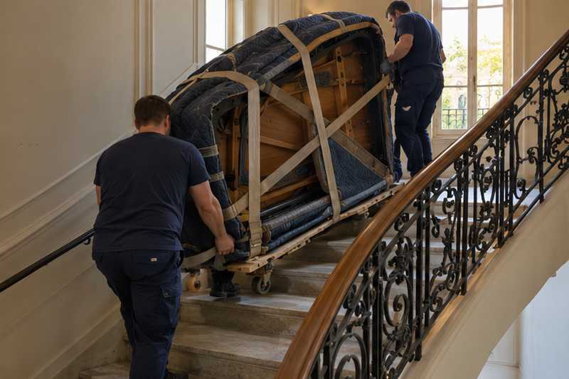 Piano demi-queue sanglé sur sa luge, couvercle et lyre démontés