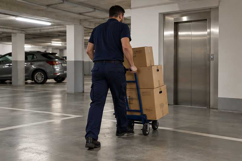Équipier poussant un diable chargé de cartons dans un parking souterrain
