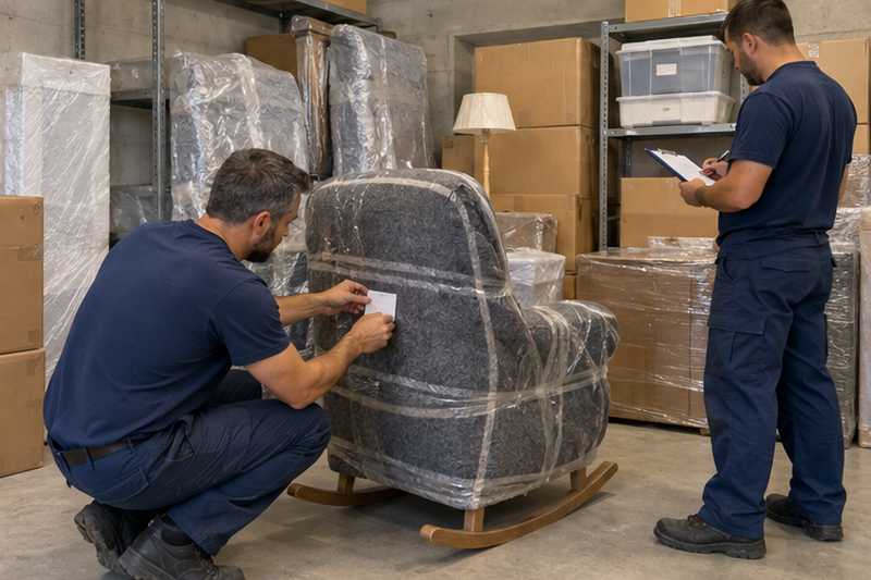 Équipier collant une étiquette numérotée sur un fauteuil à bascule emballé