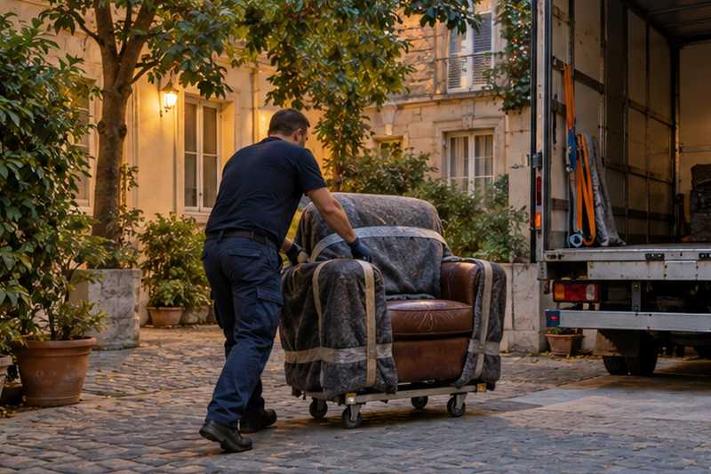 Fauteuil club en cuir emballé dans une couverture épaisse, sur chariot