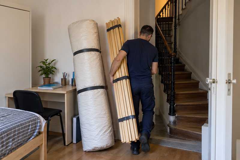 Matelas de futon roulé et lattes en bois liées, prêts au départ