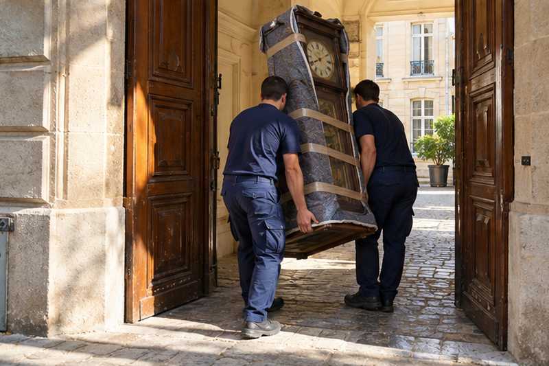 Deux équipiers passant une horloge emballée sous une porte cochère