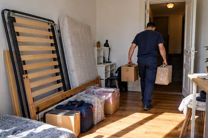 Lit une place démonté et petits colis prêts dans une chambre d'étudiant