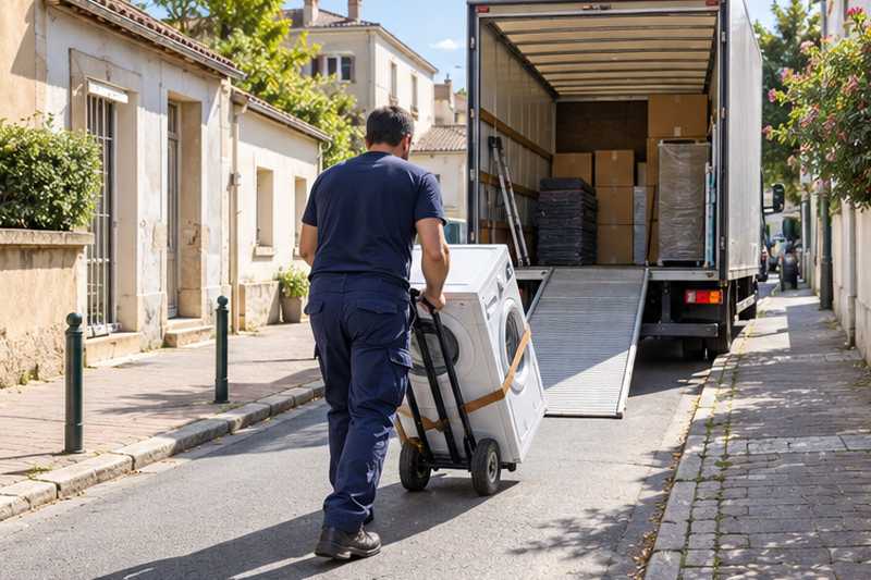 Machine à laver sanglée sur un diable le long du trottoir