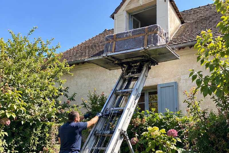 Malle emballée sur la plateforme d'un monte-meuble devant une fenêtre de pignon