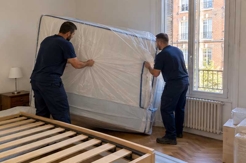 Deux équipiers glissant un matelas dans une housse de protection