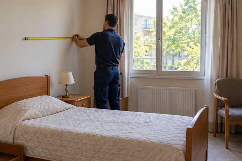 Conseiller mesurant le mur d'une petite chambre près de la fenêtre