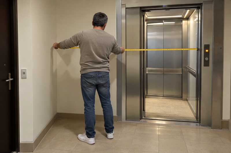 Locataire mesurant la profondeur d'une cabine d'ascenseur