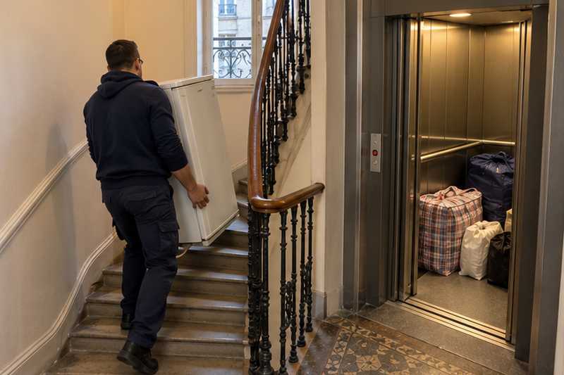 Mini-réfrigérateur tenu bien droit dans l'escalier étroit, sacs de linge à côté