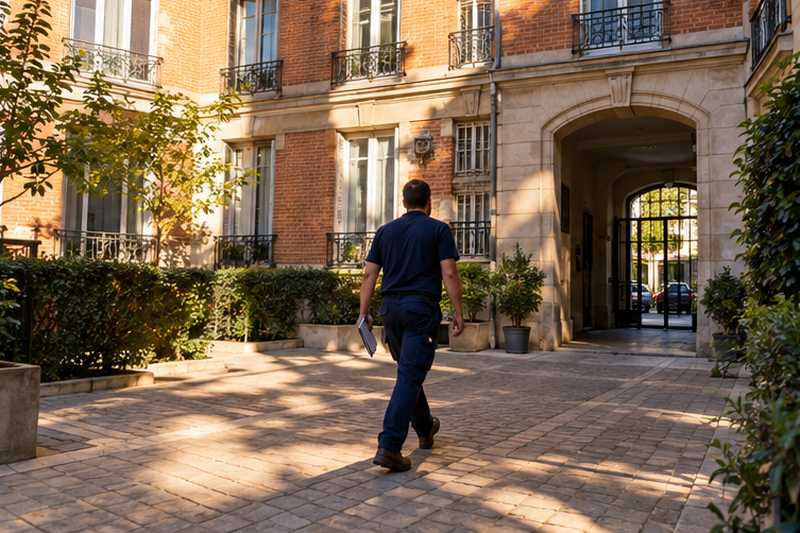Équipier mesurant à pas le trajet d'une cour jusqu'au porche