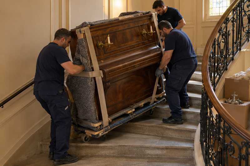 Piano droit ancien sanglé sur la luge, chandeliers en laiton emballés à part