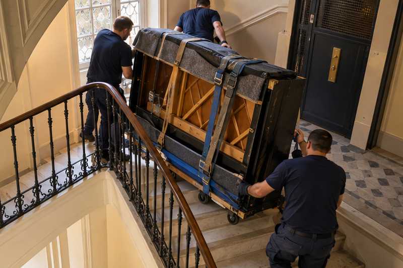 Piano droit couché sur la luge, sanglé, dans l'escalier à double tournant