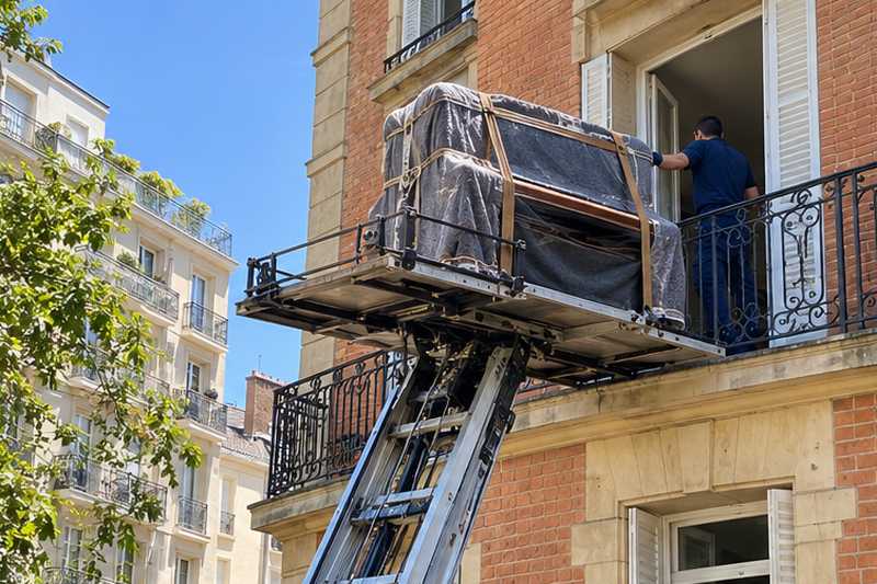 Piano droit emballé et sanglé sur la plateforme d'un monte-meuble