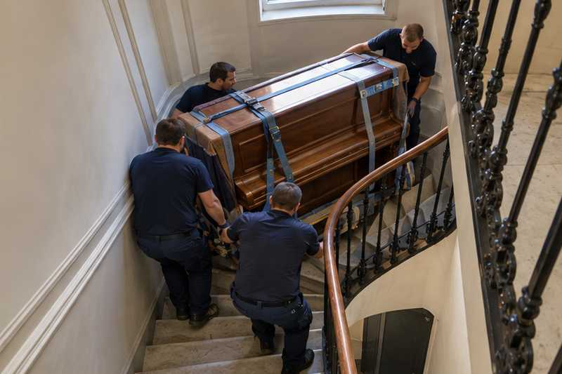 Piano d'étude ceint de sangles sur sa luge, retenu par l'équipe